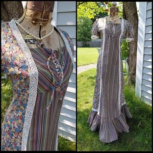 Vintage 60s handmade floral print & lace maxi corset front country dress S